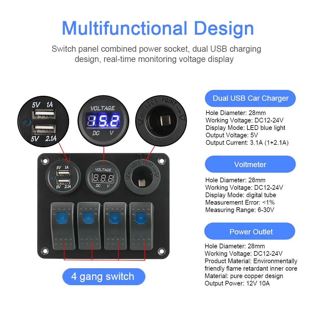 4 Buttons Rocker Switch Panel Voltmeter USB Chargers 3.0 Light Toggle 12V 24V Accessories for Boat Marine Car RV Camper Caravans