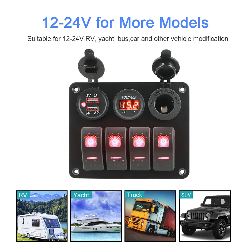 4 Buttons Rocker Switch Panel Voltmeter USB Chargers 3.0 Light Toggle 12V 24V Accessories for Boat Marine Car RV Camper Caravans