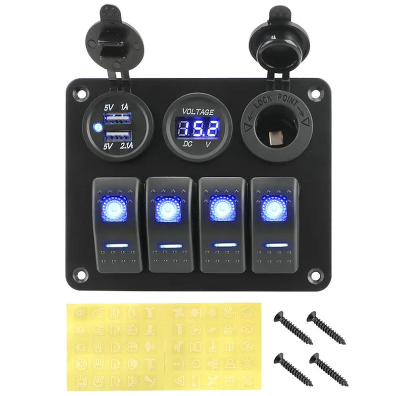 4 Buttons Rocker Switch Panel Voltmeter USB Chargers 3.0 Light Toggle 12V 24V Accessories for Boat Marine Car RV Camper Caravans